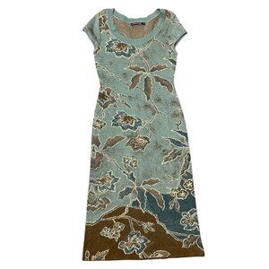 Peruvian Connection XS Floral Sheath Dress Cap Short Sleeve Green Blue Pima Cott